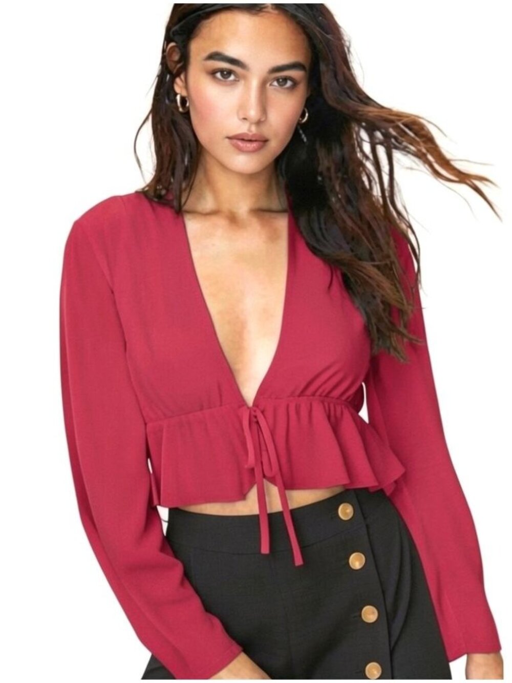 SUNDAY BEST Aritzia New Cropped Tie-Front Blouse Size Small Red